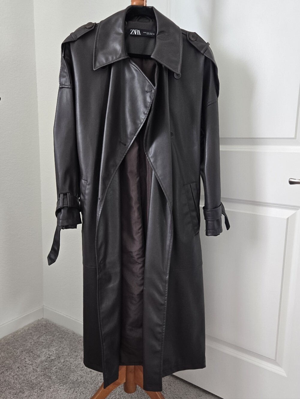 Zara Women's Oversized Dark Brown Faux-Leather Trench Coat Size XS